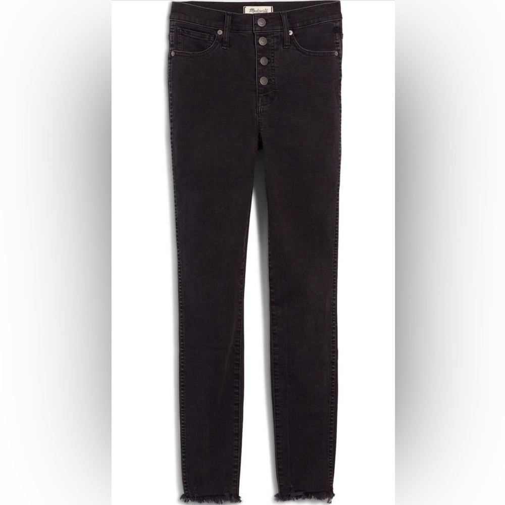Madewell skinny jeans, washed black, button fly, high rise, raw hem, size 28